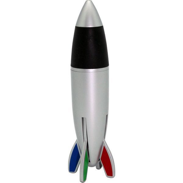 4 Color Silver Rocket Fun Shaped Novelty Pen.  A Novelty Promotional Pen that can be personalized with a unique custom imprinted message.